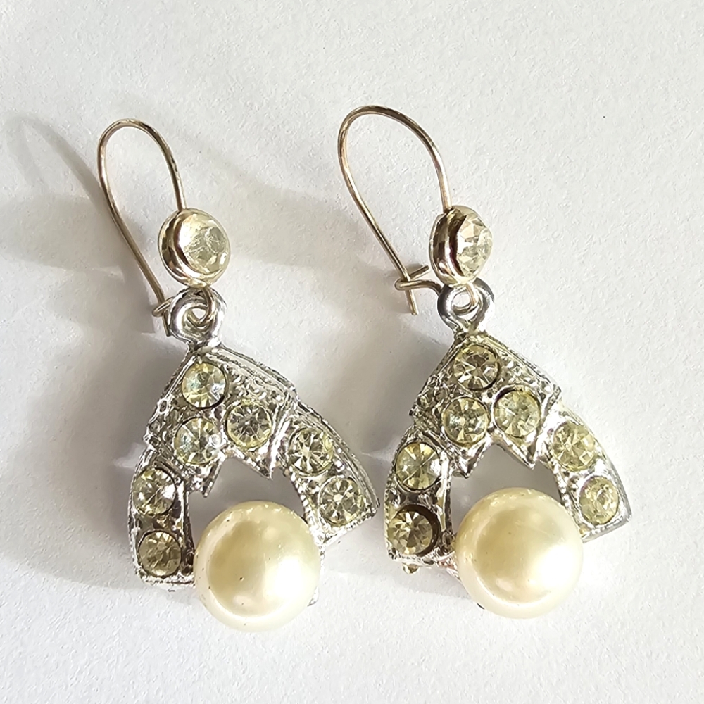 Vintage earrings white faux pearl clear rhinestones silver tone pierced glam